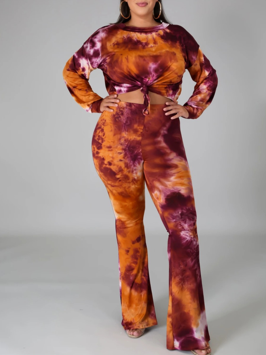

lovely Trendy O Neck Tie-dye Croci Plus Size Two-piece Pants Set