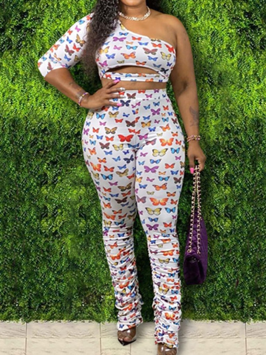 

lovely Trendy One Shoulder Butterfly Print White Two Piece Pants Set