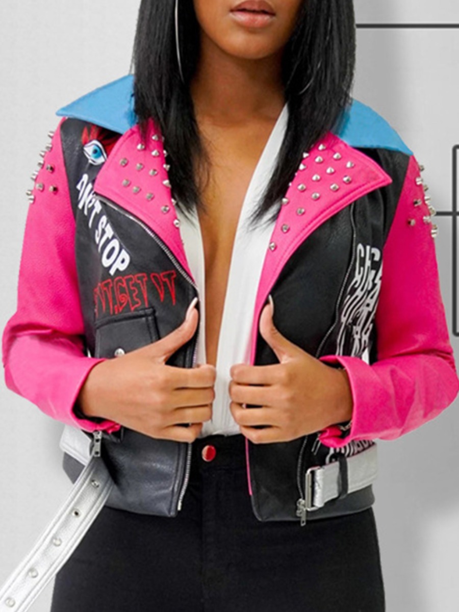 

lovely Chic Print Patchwork Black PU Jacket