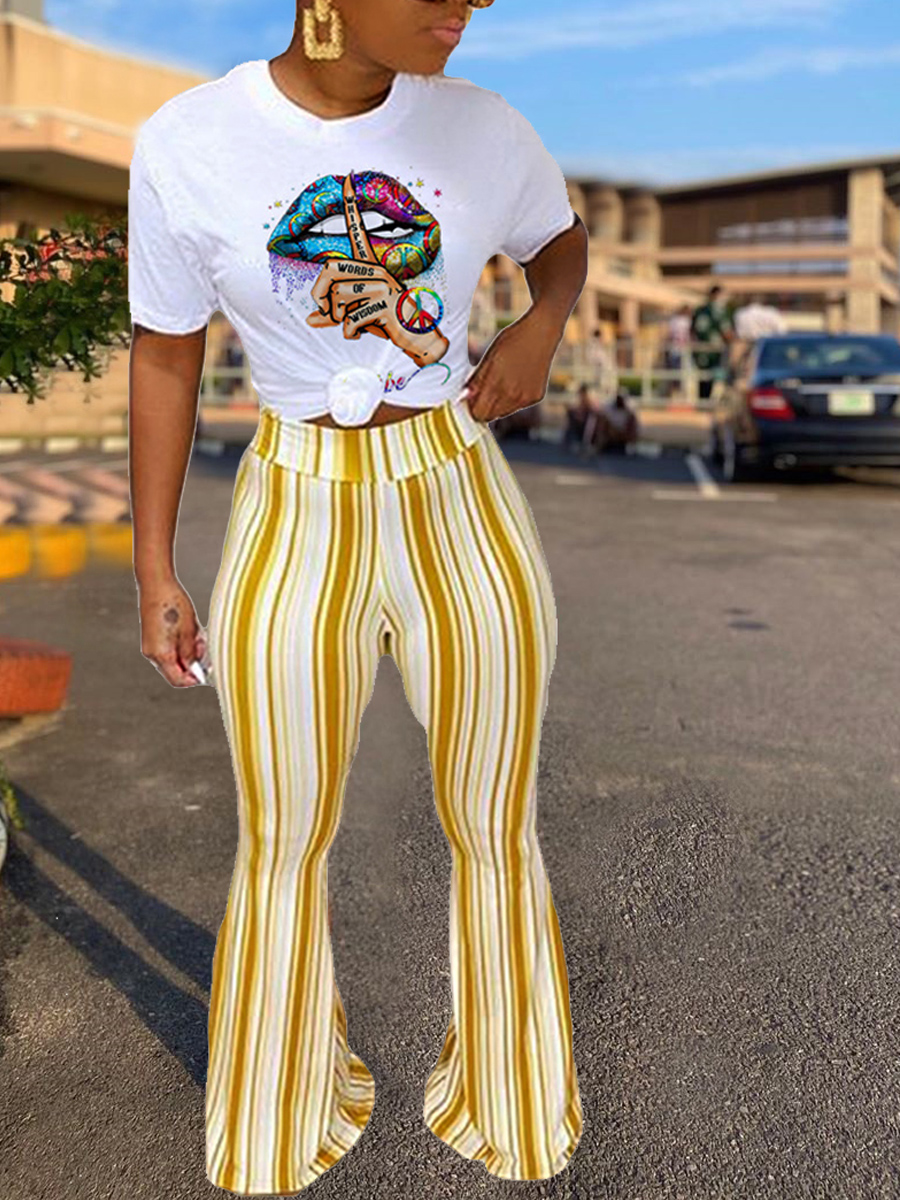 

Lovely Casual O Neck Lip Print Yellow Two Piece Pants Set
