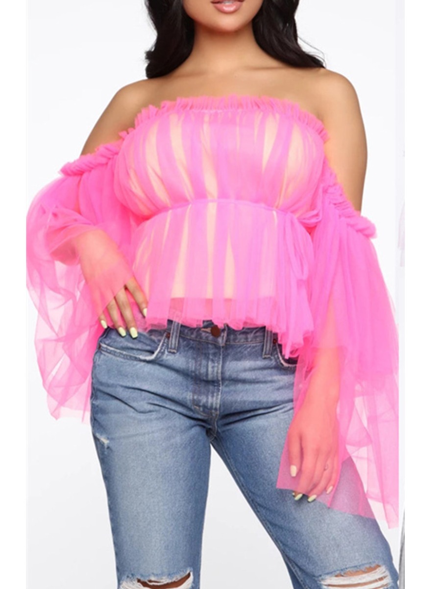 

lovely Trendy Dew Shoulder Mesh See-through Pink Blouse