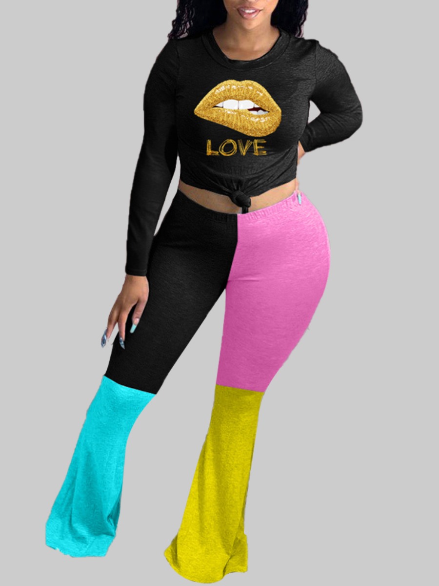 

lovely Casual O Neck Lip Print Patchwork Black Plus Size Two-piece Pants Set