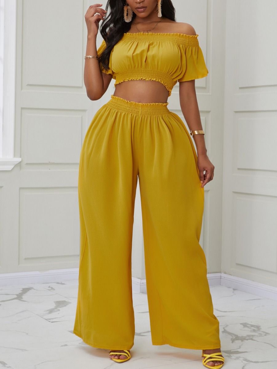 

lovely Trendy Dew Shoulder Fold Design Yellow Two Piece Pants Set