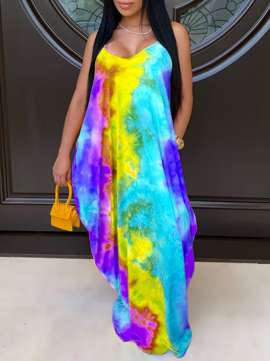 

lovely Bohemian Spaghetti Strap Tie-dye Yellow Maxi Dress