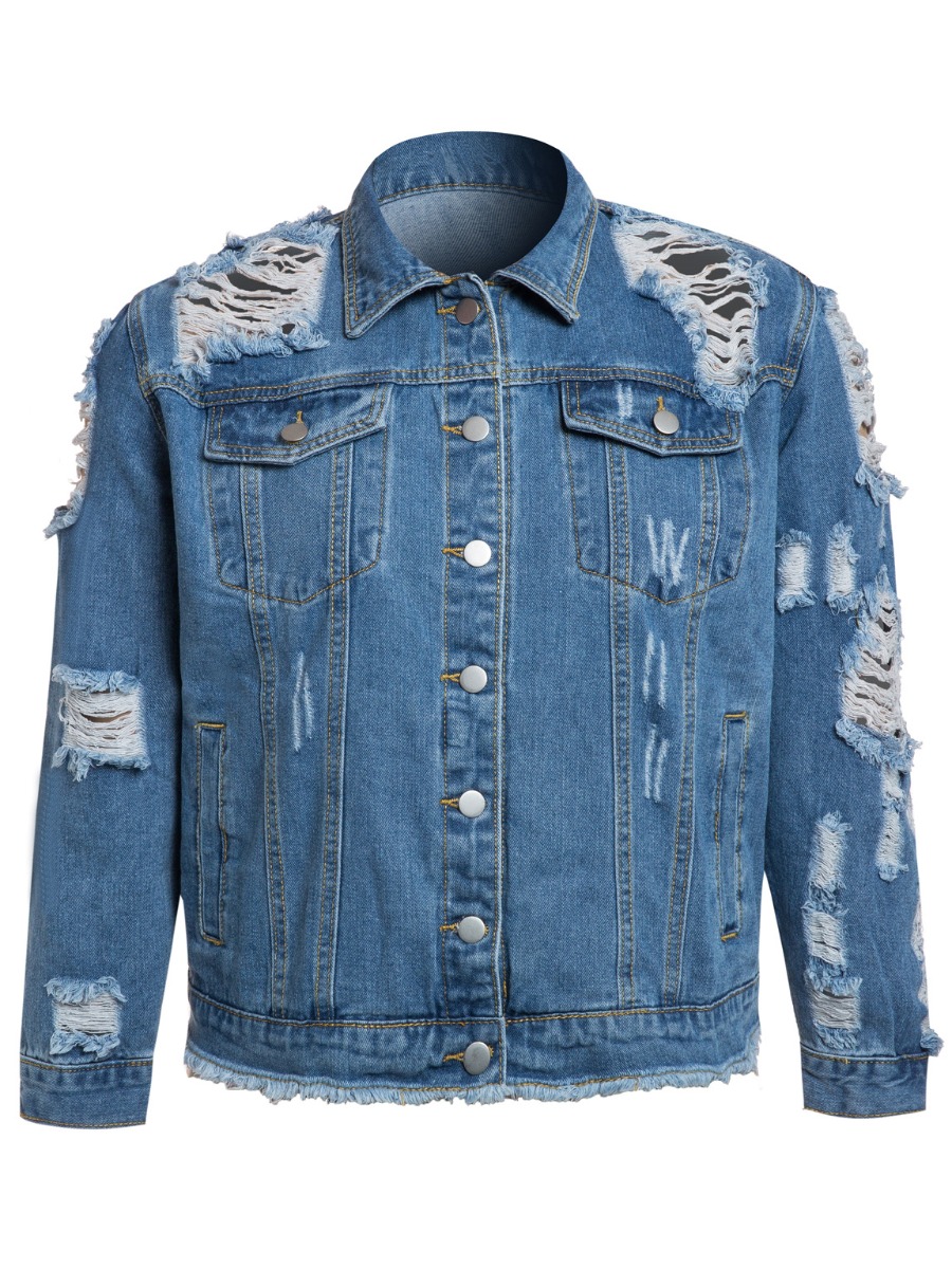 

lovely Street Broken Holes Baby Blue Plus Size Denim Jacket