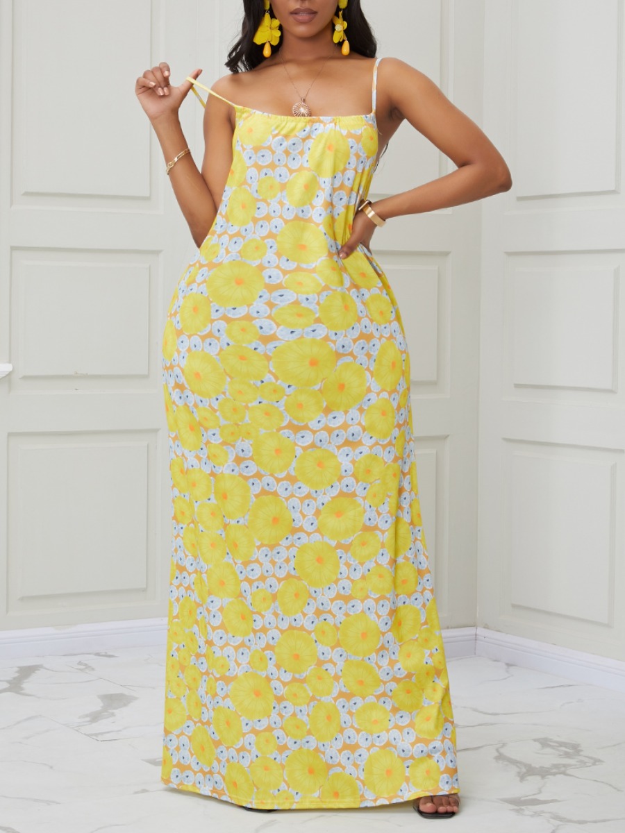 

lovely Trendy Spaghetti Strap Print Lemon Yellow Maxi Dress