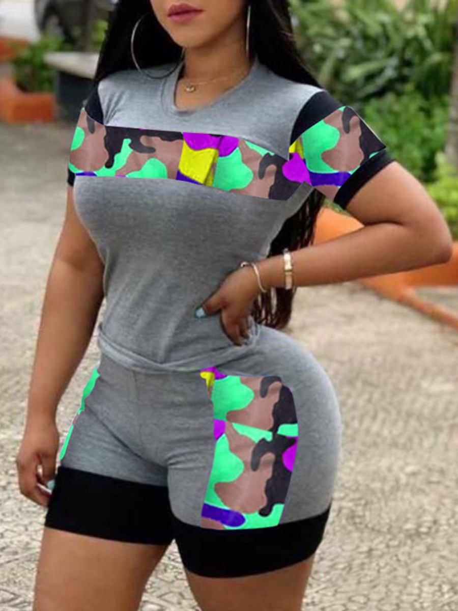 

lovely Leisure O Neck Print Patchwork Grey Plus Size Two-piece Shorts Set