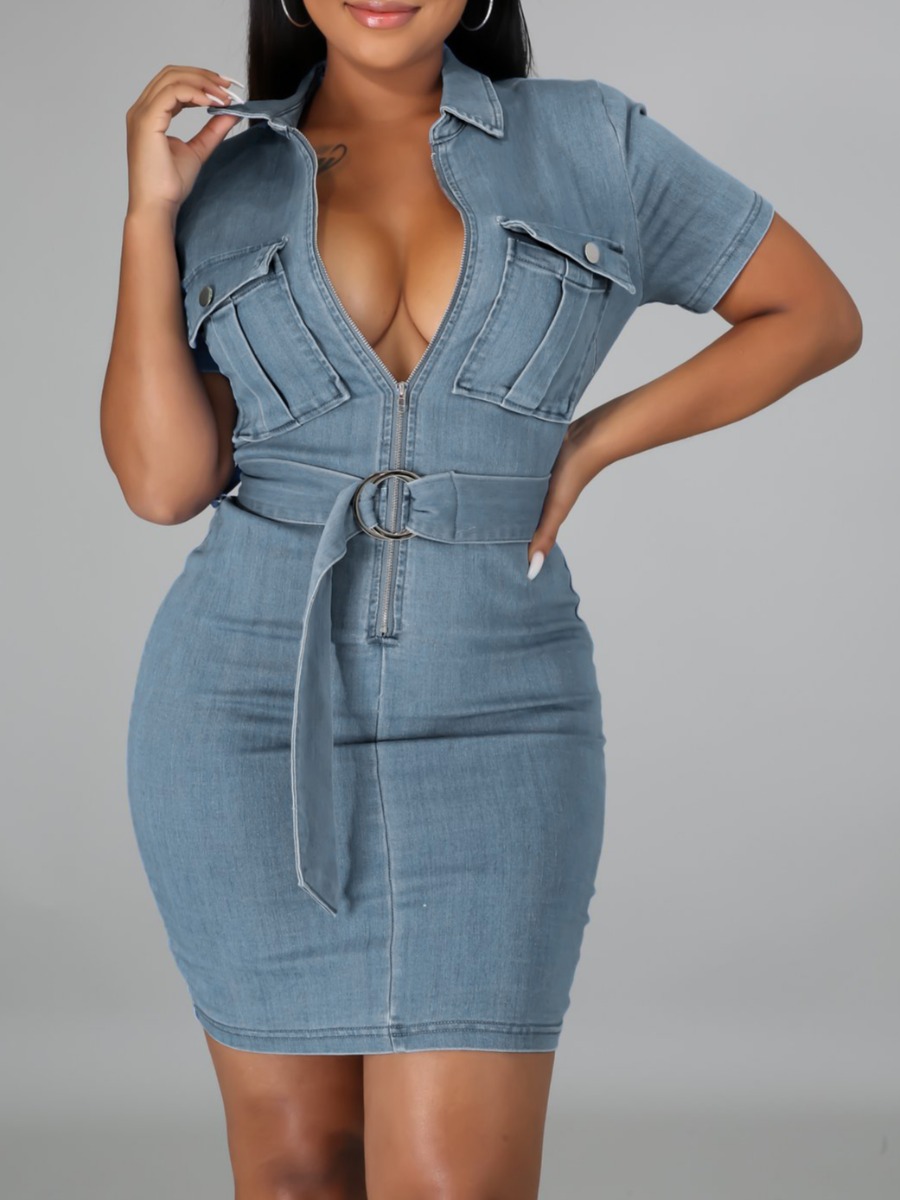 

lovely Trendy Turndown Collar Pocket Patched Blue Mini Denim Dress