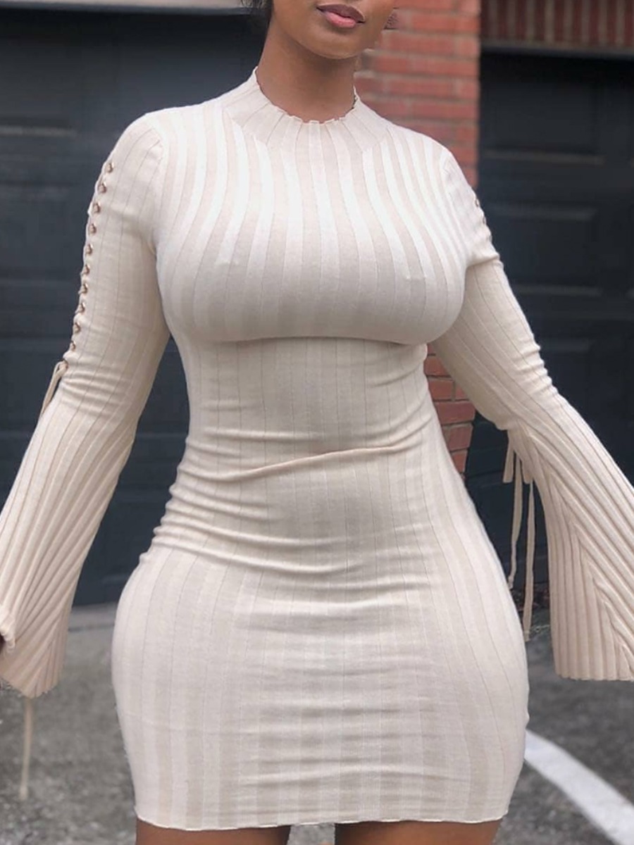 

lovely Trendy O Neck Striped White Mini Plus Size Dress