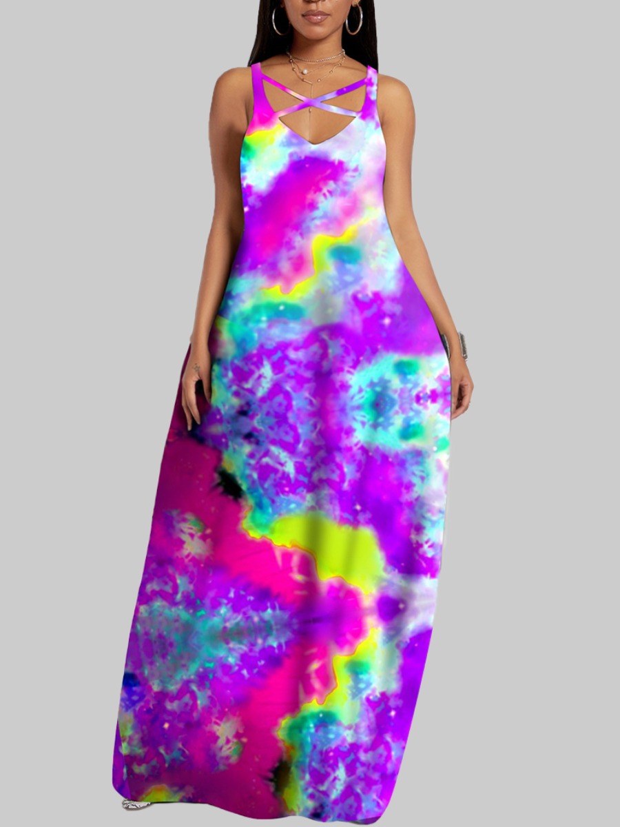 

lovely Casual U Neck Tie-dye Purple Maxi Plus Size Dress