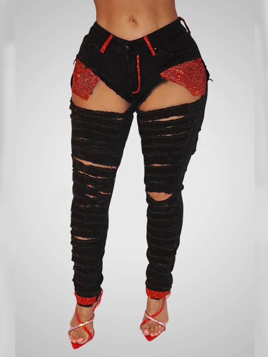 

lovely Street Hollow-out Black Jeans