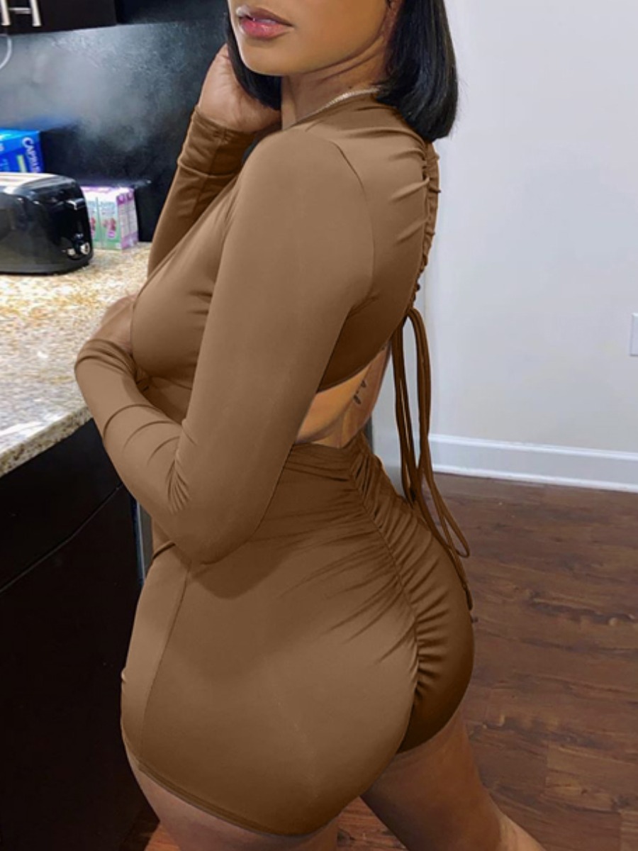 

lovely Sexy V Neck Fold Design Hollow-out Brown One-piece Romper