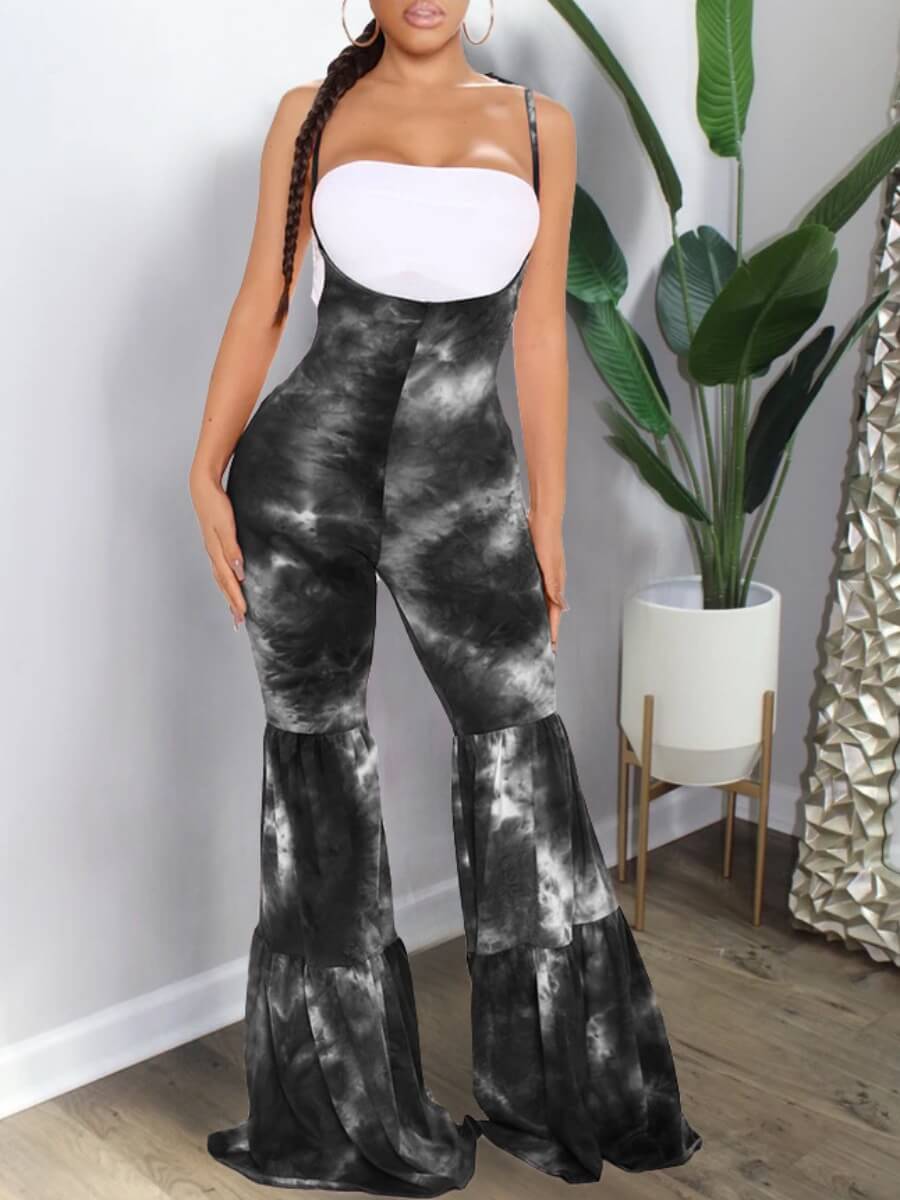 

lovely Trendy Spaghetti Strap Tie-dye Black One-piece Jumpsuit