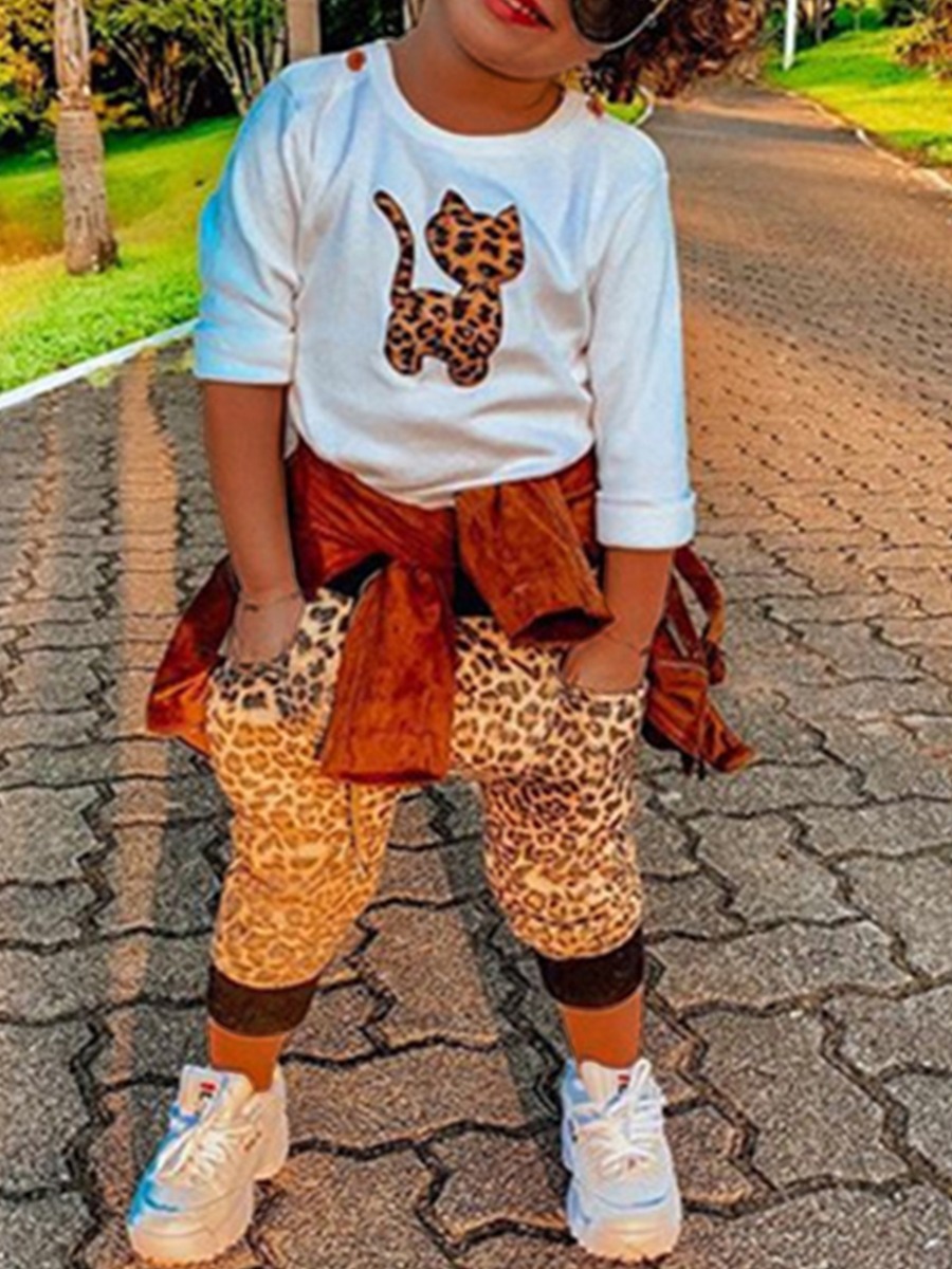 

lovely Street O Neck Print White Girl Two-piece Pants Set