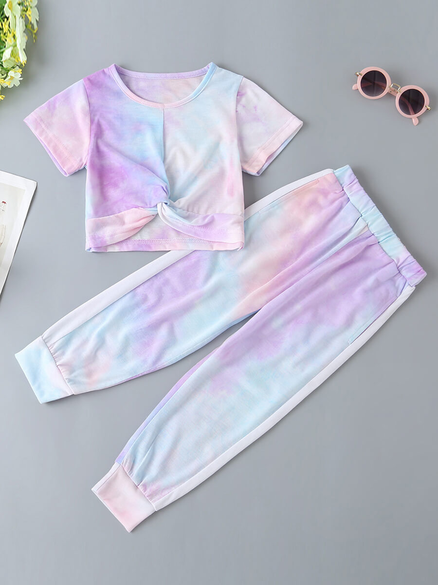 

Lovely Street O Neck Tie-dye Purple Girl Two-piece Pants Set