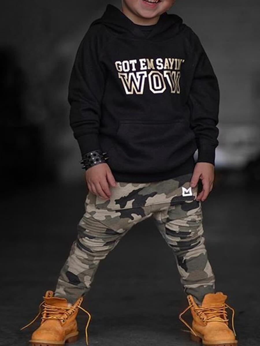 

Lovely Street Hooded Collar Print Black Boy Two-piece Pants Set