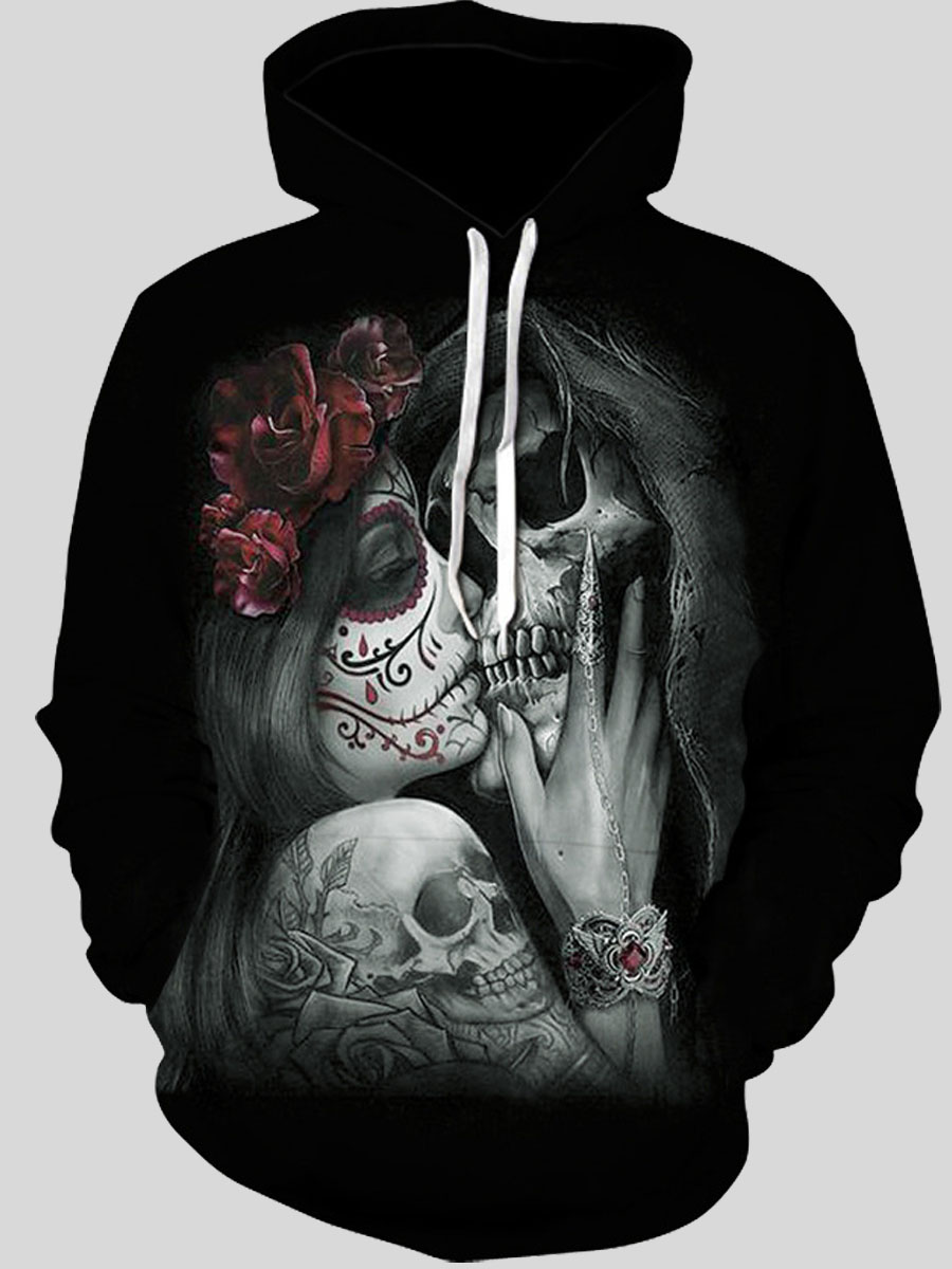 

lovely Street Hooded Collar Skull Print Carbon Black Men Hoodie