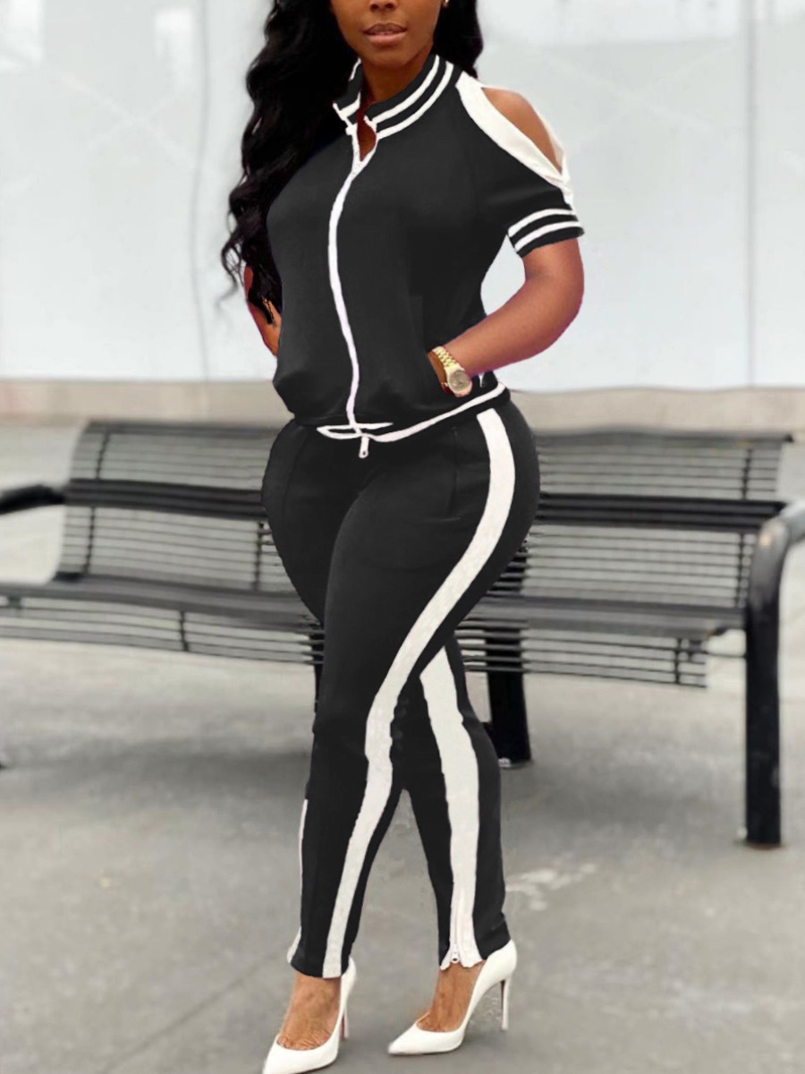 

lovely Sportswear Hollow-out Patchwork Black Two Piece Pants Set