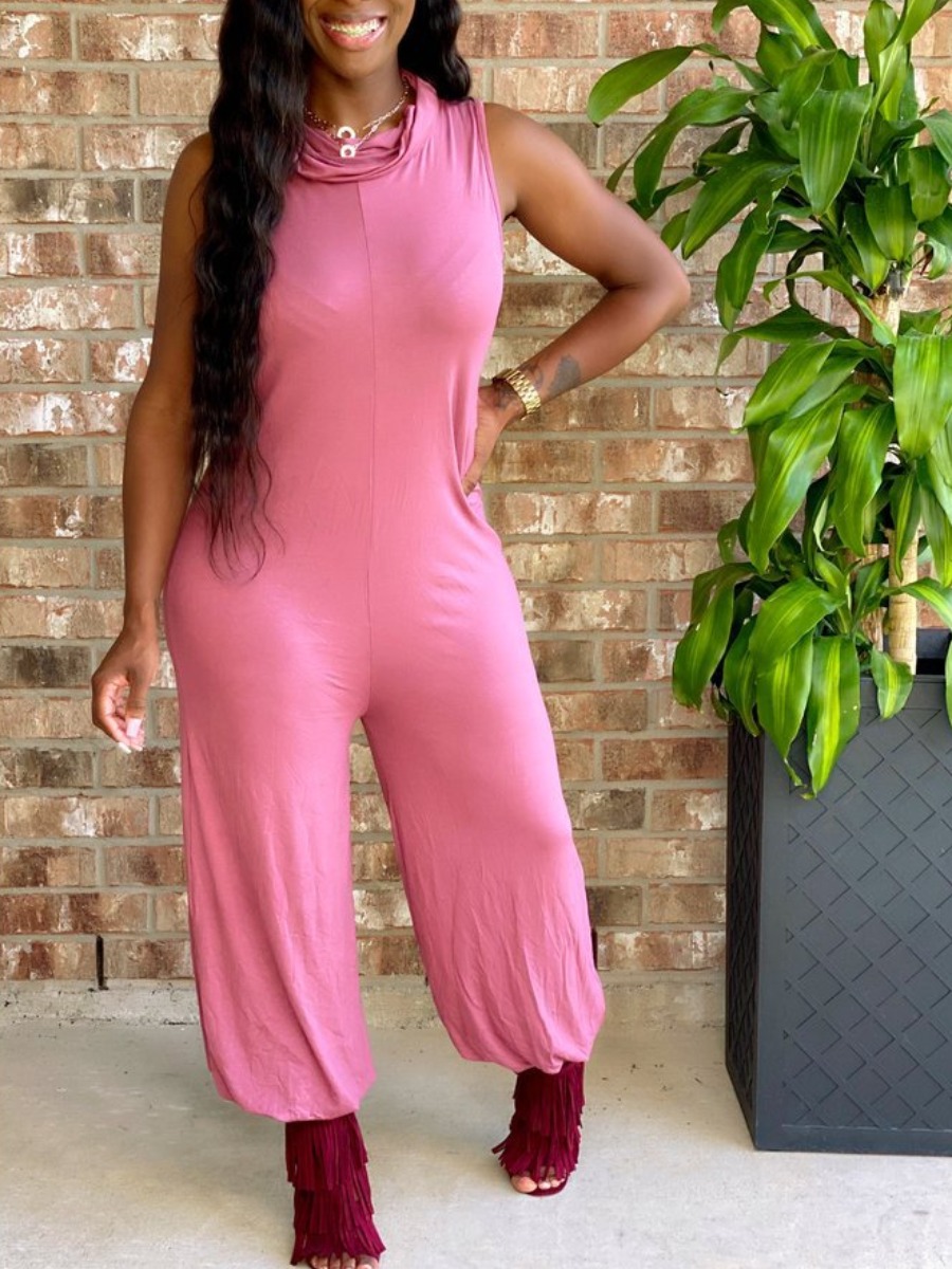 

lovely Leisure Sleeveless Basic Pink One-piece Jumpsuit