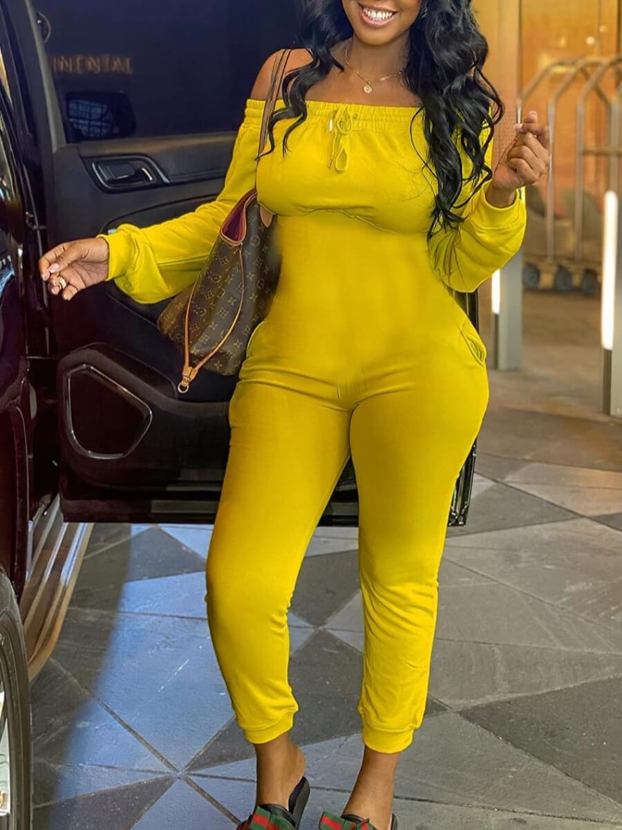 

Lovely Leisure Dew Shoulder Basic Yellow One-piece Jumpsuit