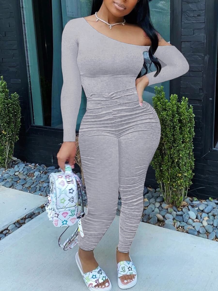 

Lovely Sexy Fold Design Skinny Grey One-piece Jumpsuit