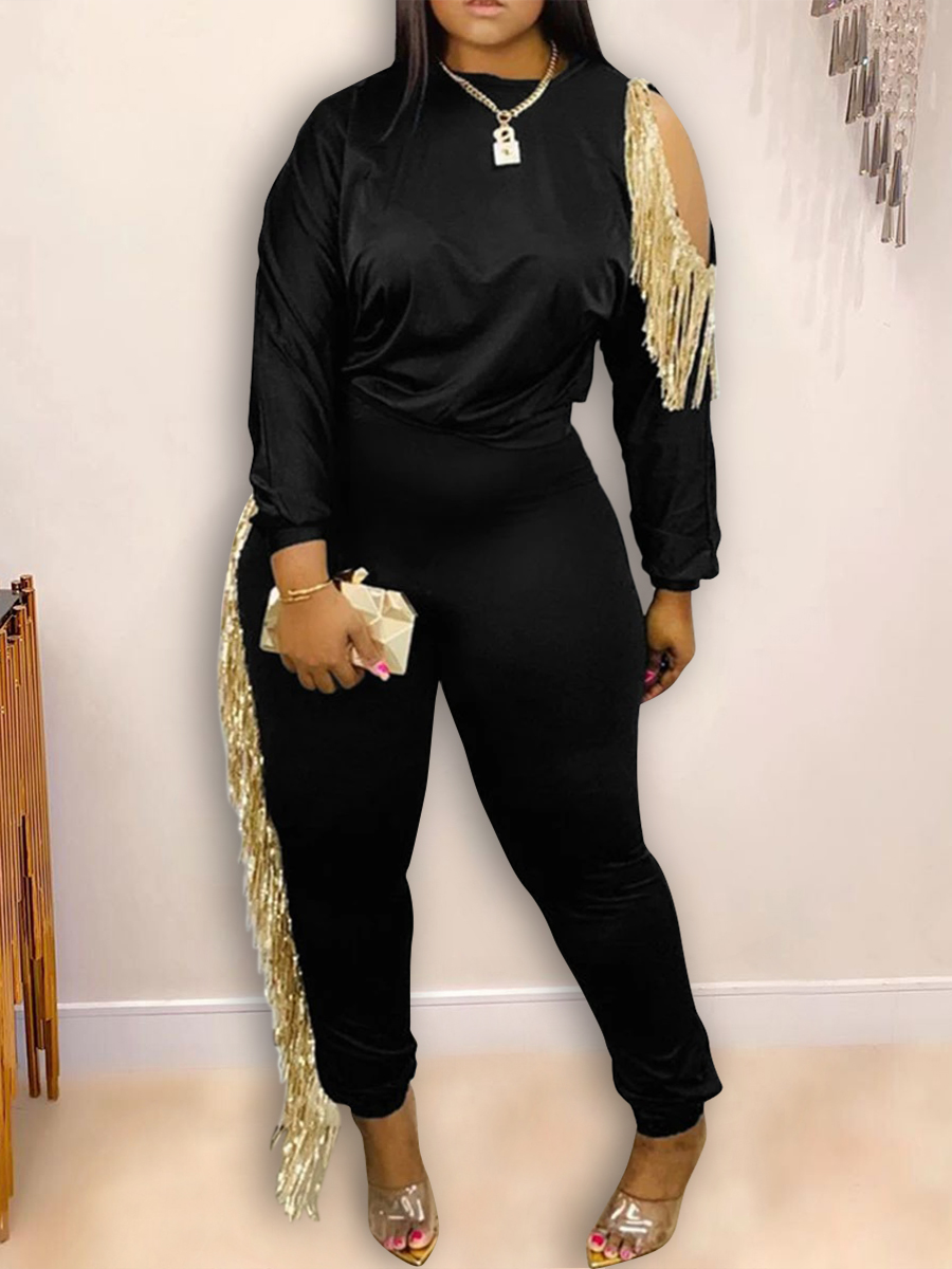 

LW Tassel Design Hollow-out Pants Set, Black