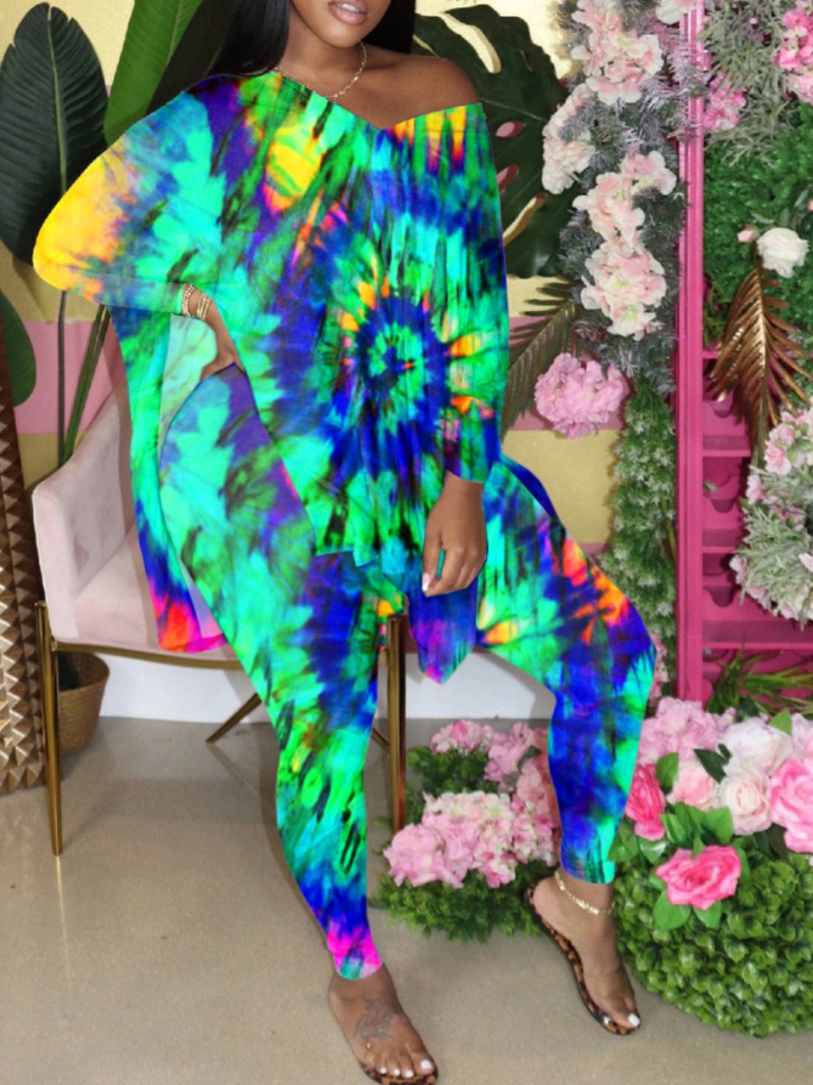 

lovely Trendy V Neck Tie-dye Green Plus Size Two-piece Pants Set