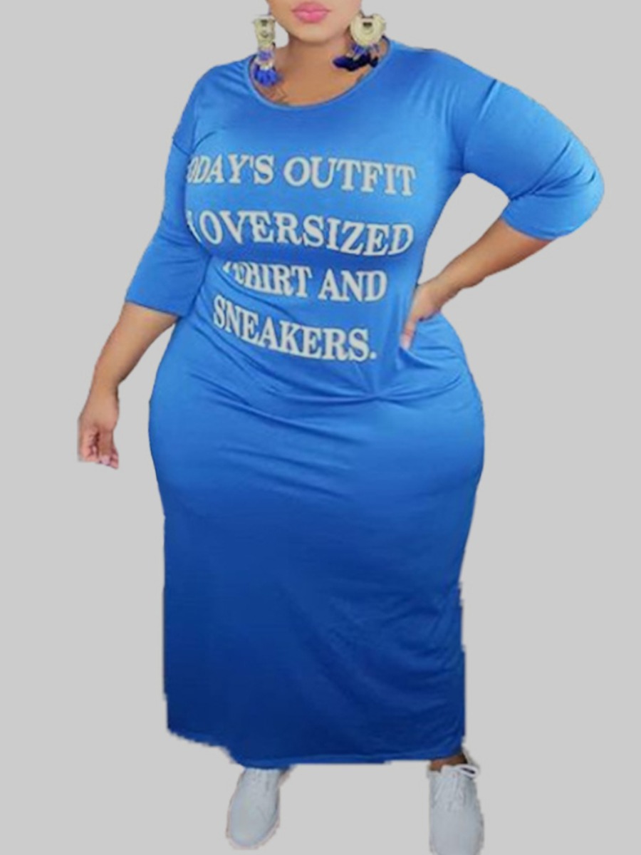 

lovely Casual O Neck Letter Print Blue Ankle Length Plus Size Dress