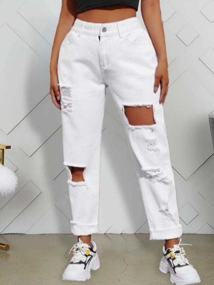

lovely Trendy Hollow-out White Jeans