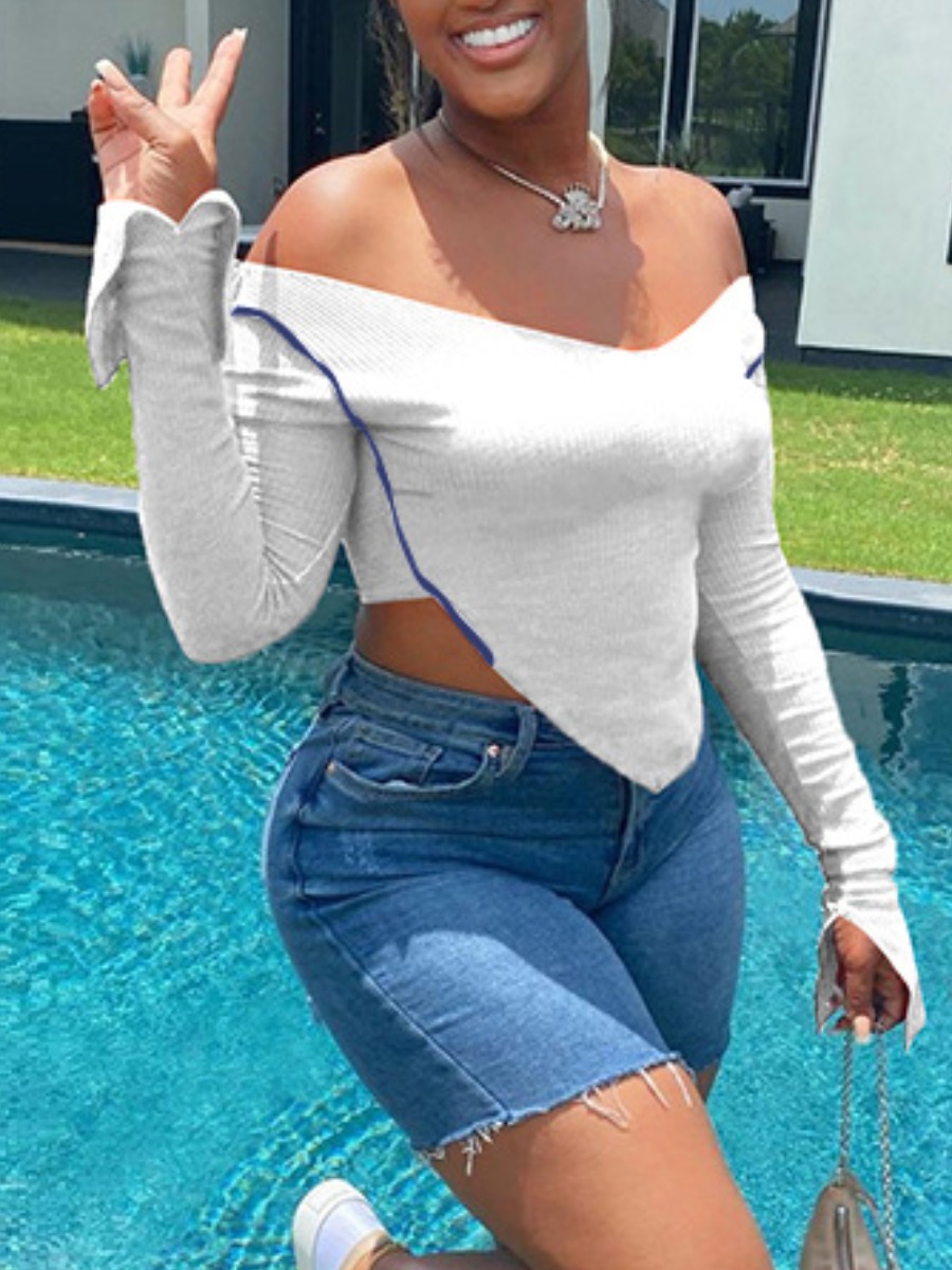 

lovely Sexy Dew Shoulder Asymmetrical White T-shirt