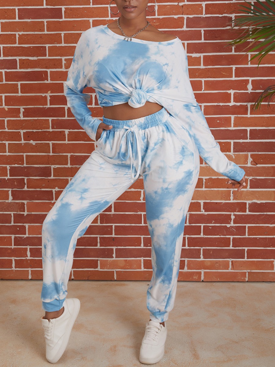 

lovely Trendy Tie Dye Baby Blue Two Piece Pants Set