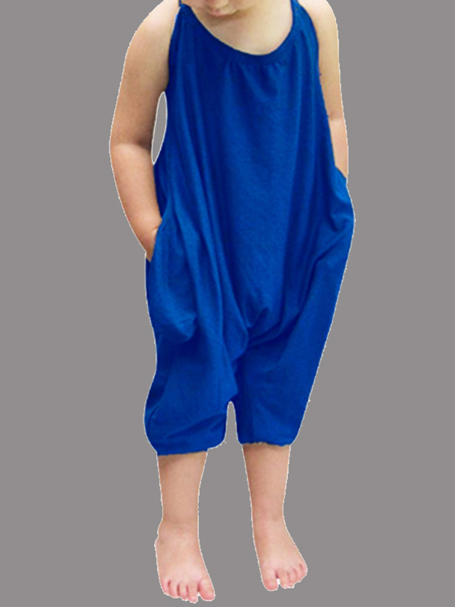 

Lovely Trendy Pocket Patched Blue Girl One-piece Jumpsuit