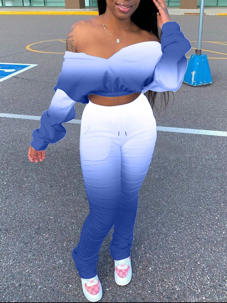 

Lovely Sportswear Dew Shoulder Gradient Blue Two Piece Pants Set