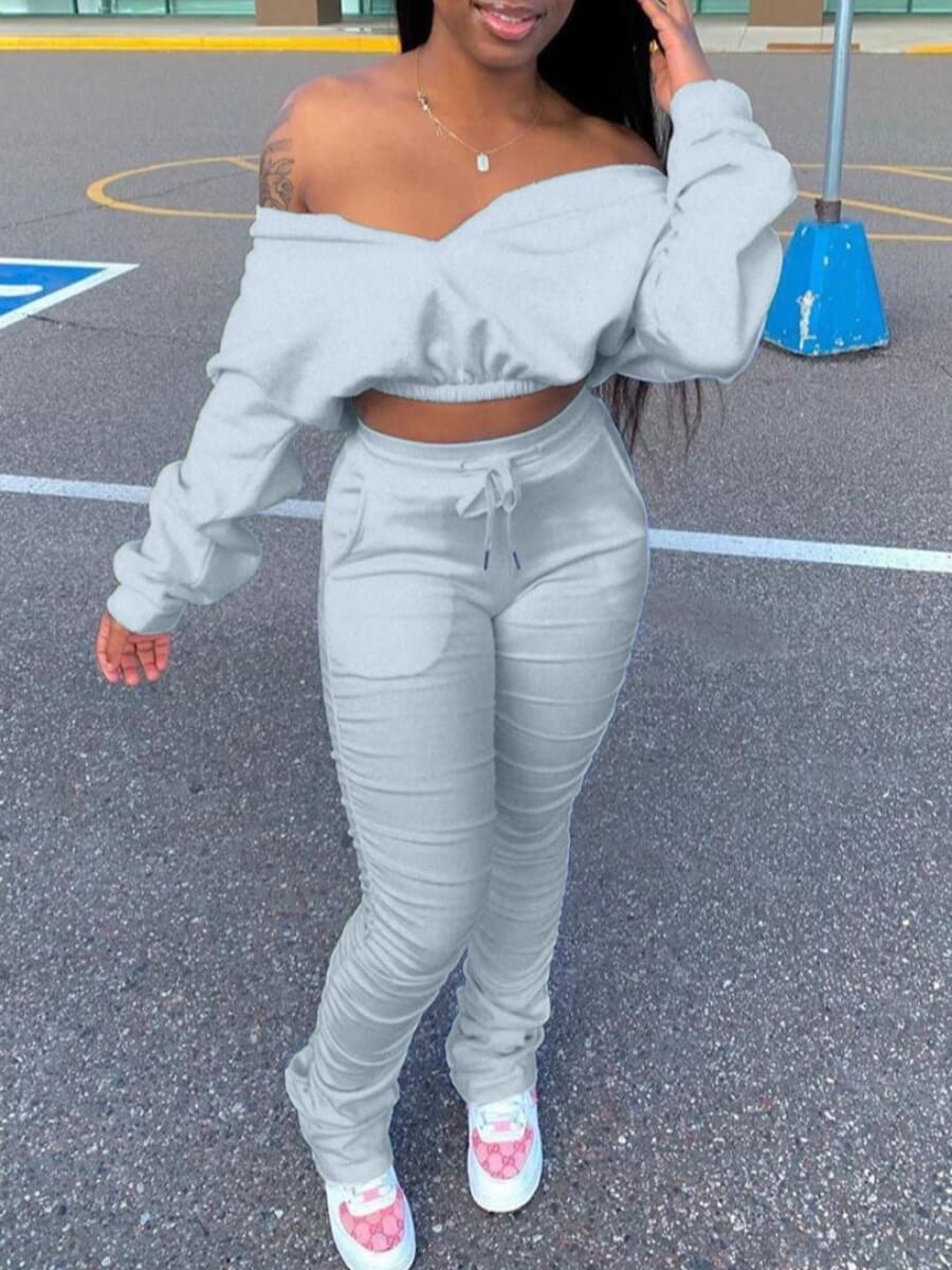 

Lovely Trendy Dew Shoulder Fold Design Grey Two Piece Pants Set