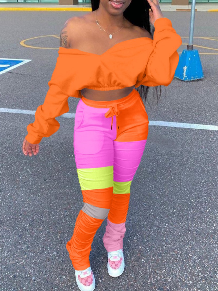 

Lovely Trendy Dew Shoulder Color-lump Patchwork Orange Two Piece Pants Set