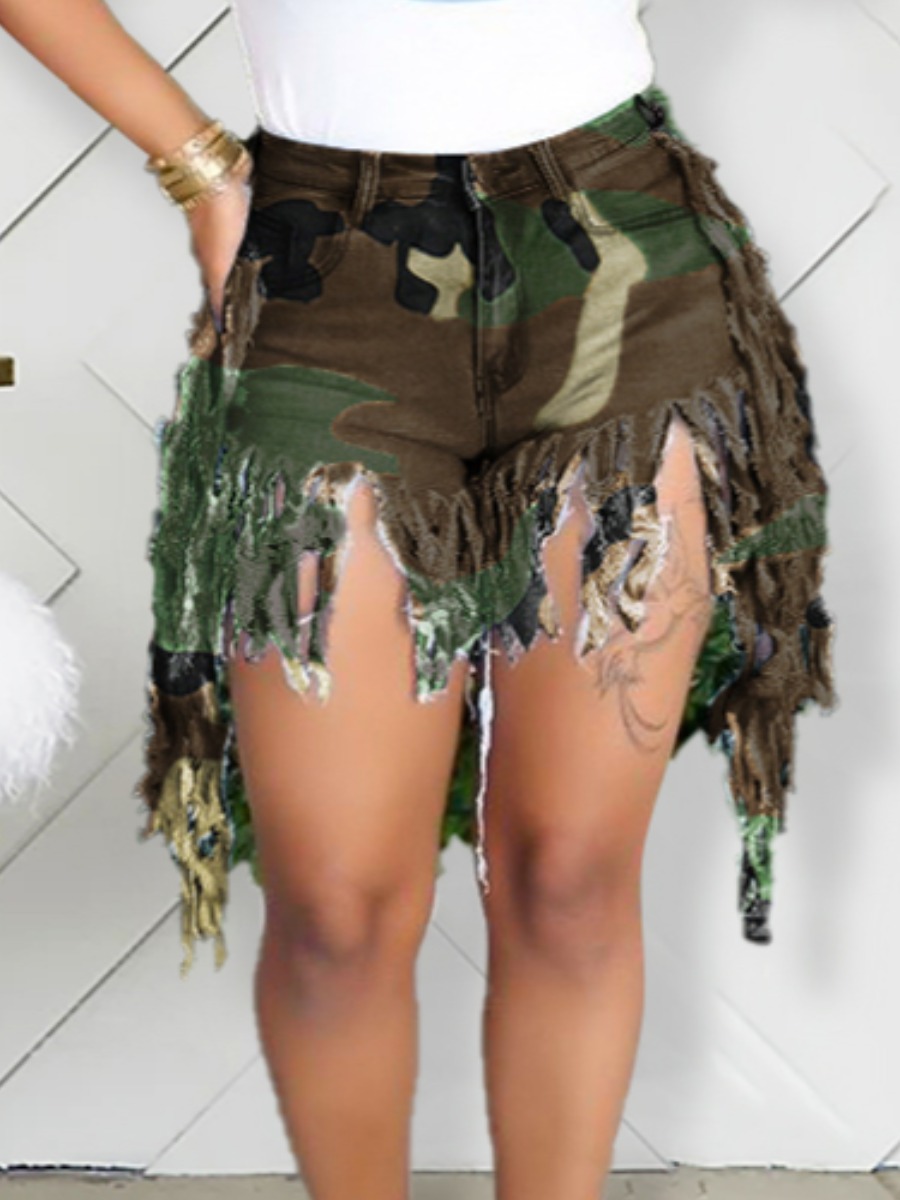 

lovely Street Tassel Design Camo Print Denim Shorts