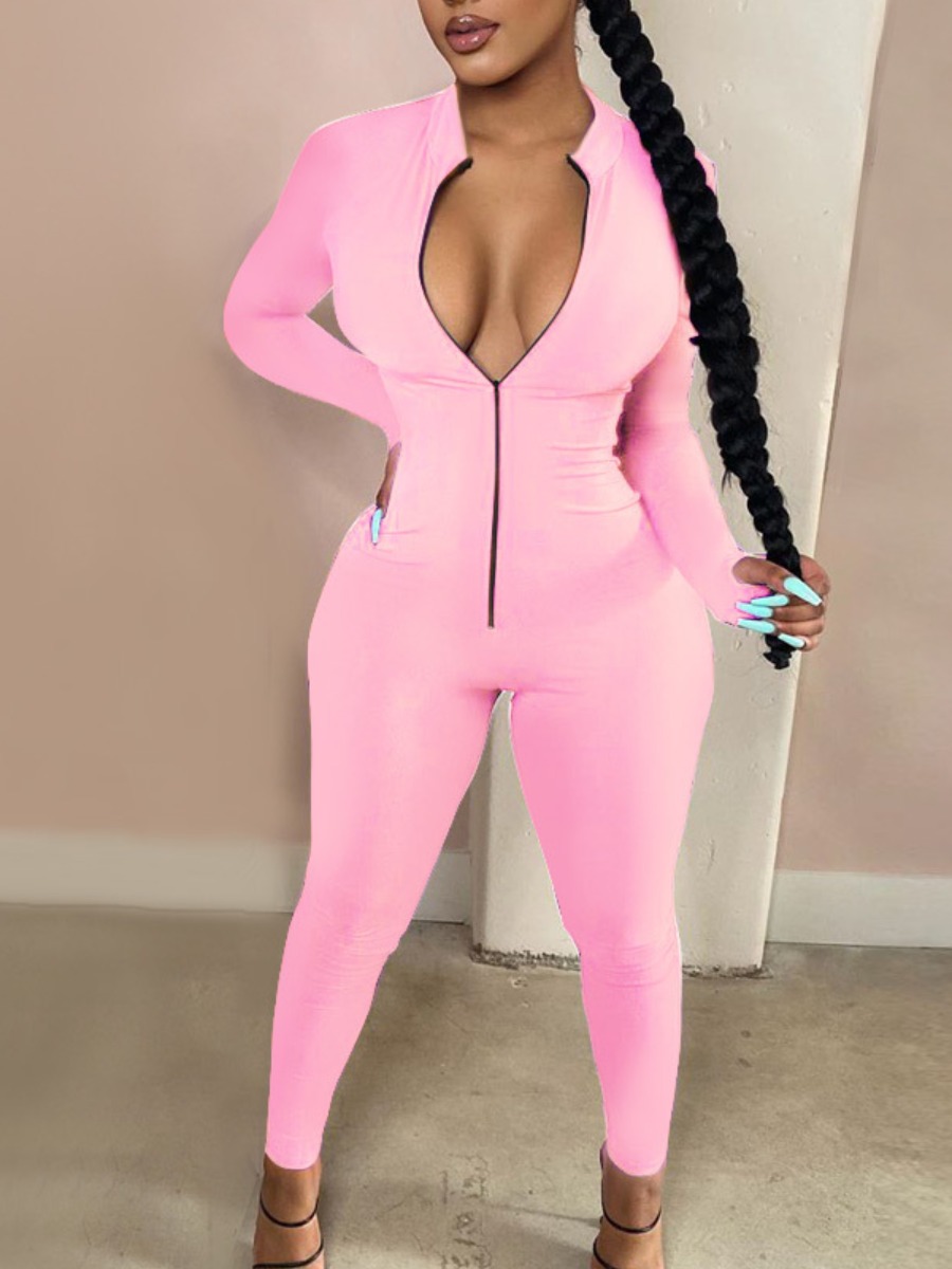 

lovely Sportswear Zipper Design Pink One-piece Jumpsuit