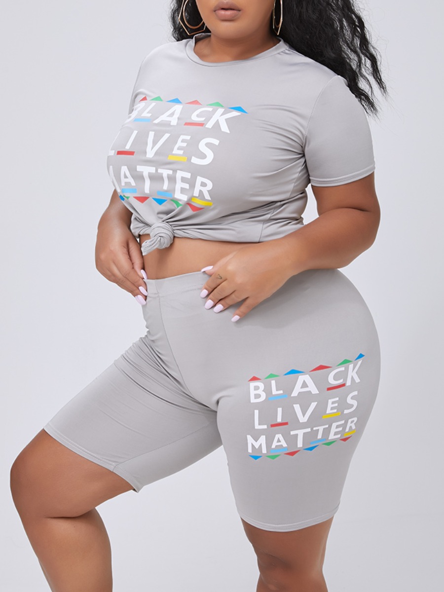 

lovely Casual O Neck Letter Print Silver Plus Size Two-piece Shorts Set