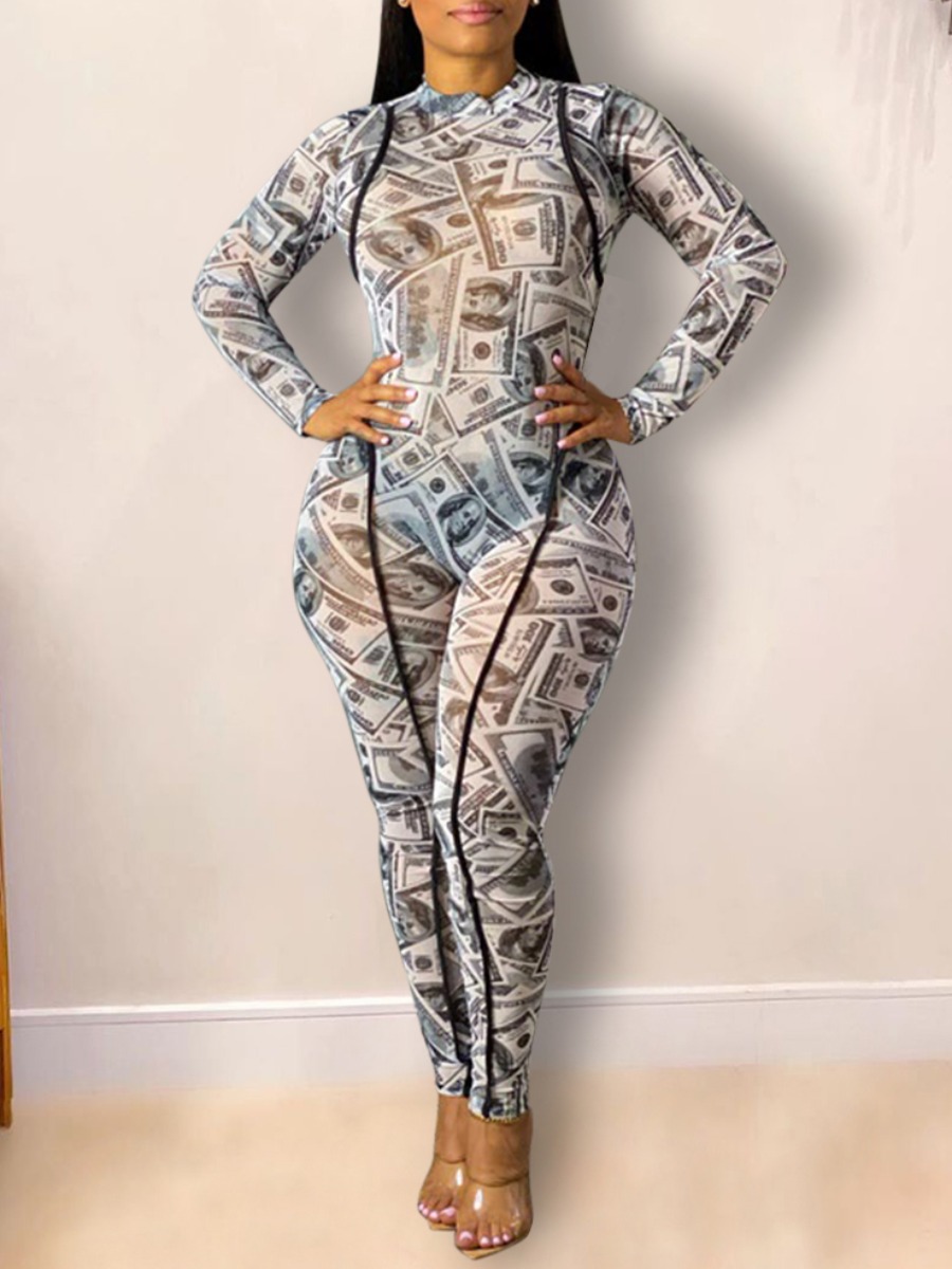 

lovely Sexy Print See-through Greyish White One-piece Jumpsuit