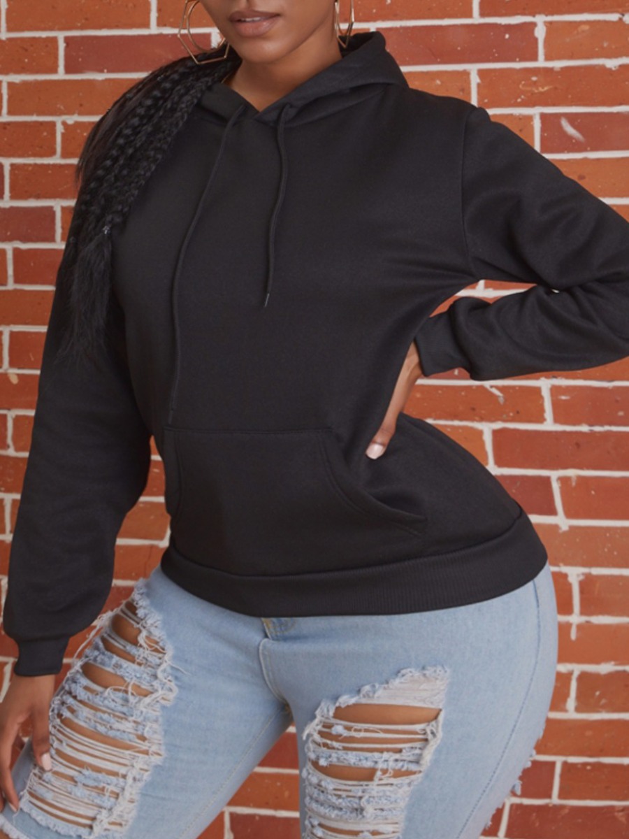 

lovely Street Hooded Collar Basic Black Plus Size Blouse