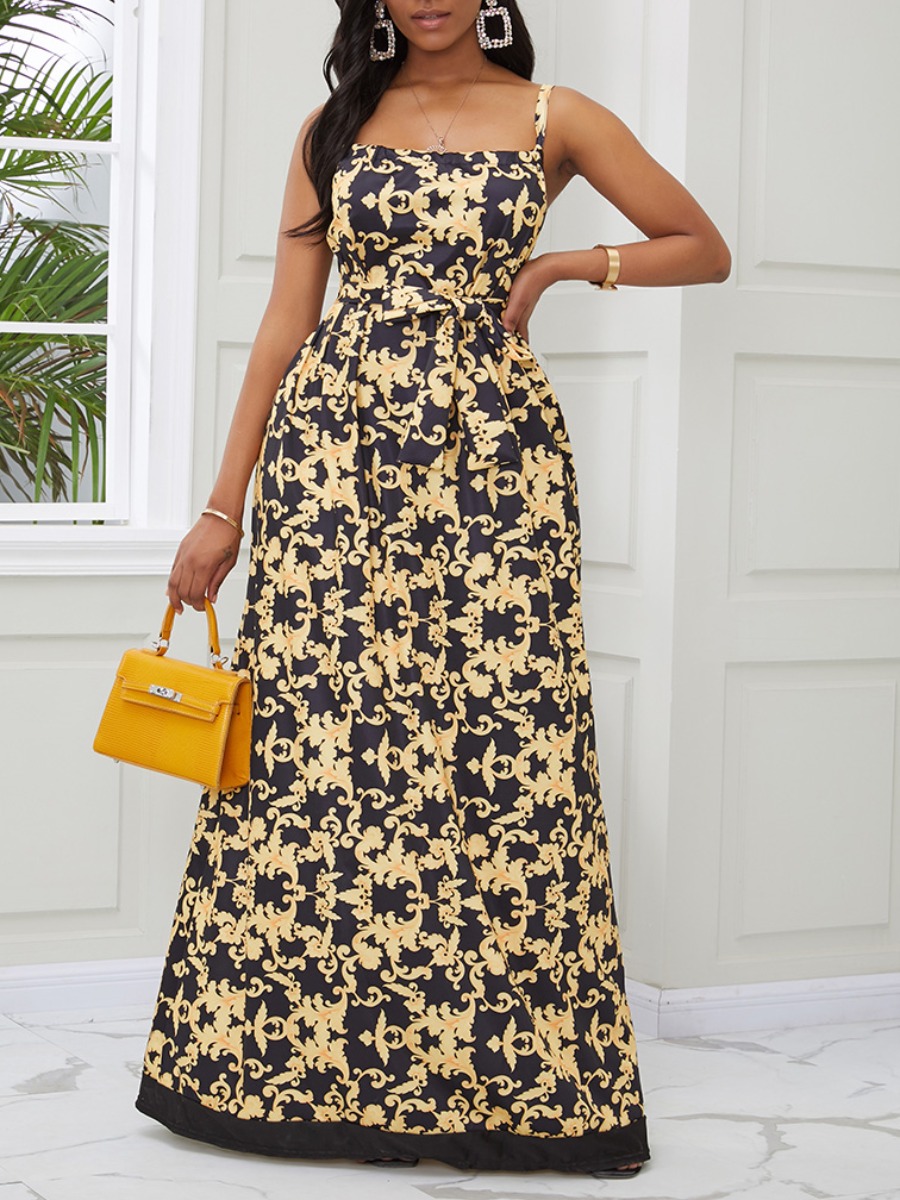 

lovely Trendy Spaghetti Strap Versace Print Black Maxi Dress