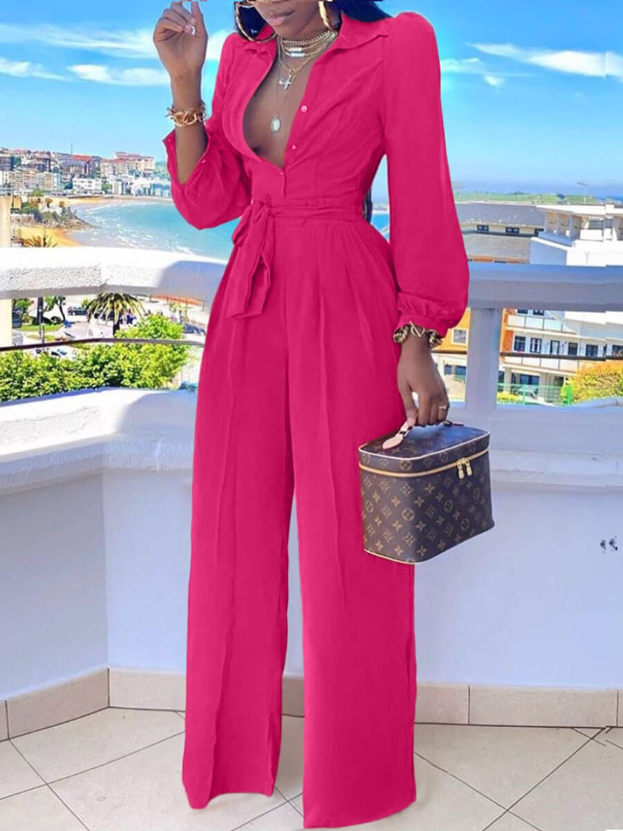 

Lovely Stylish Turndown Collar Buttons Design Rose One-piece Jumpsuit