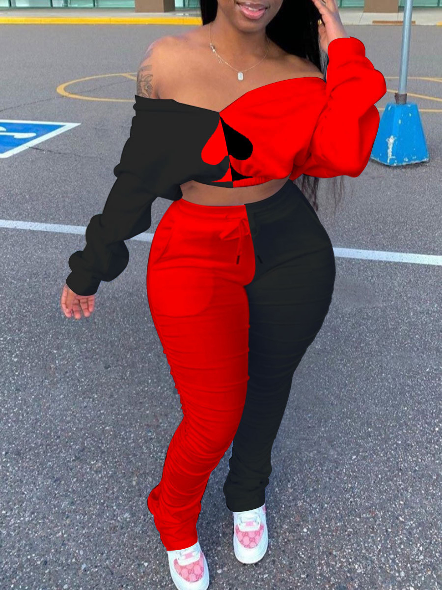 

lovely Sportswear Dew Shoulder Patchwork Red Plus Size Two-piece Pants Set