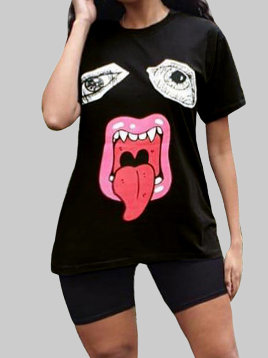 

lovely Casual O Neck Print Black Plus Size T-shirt