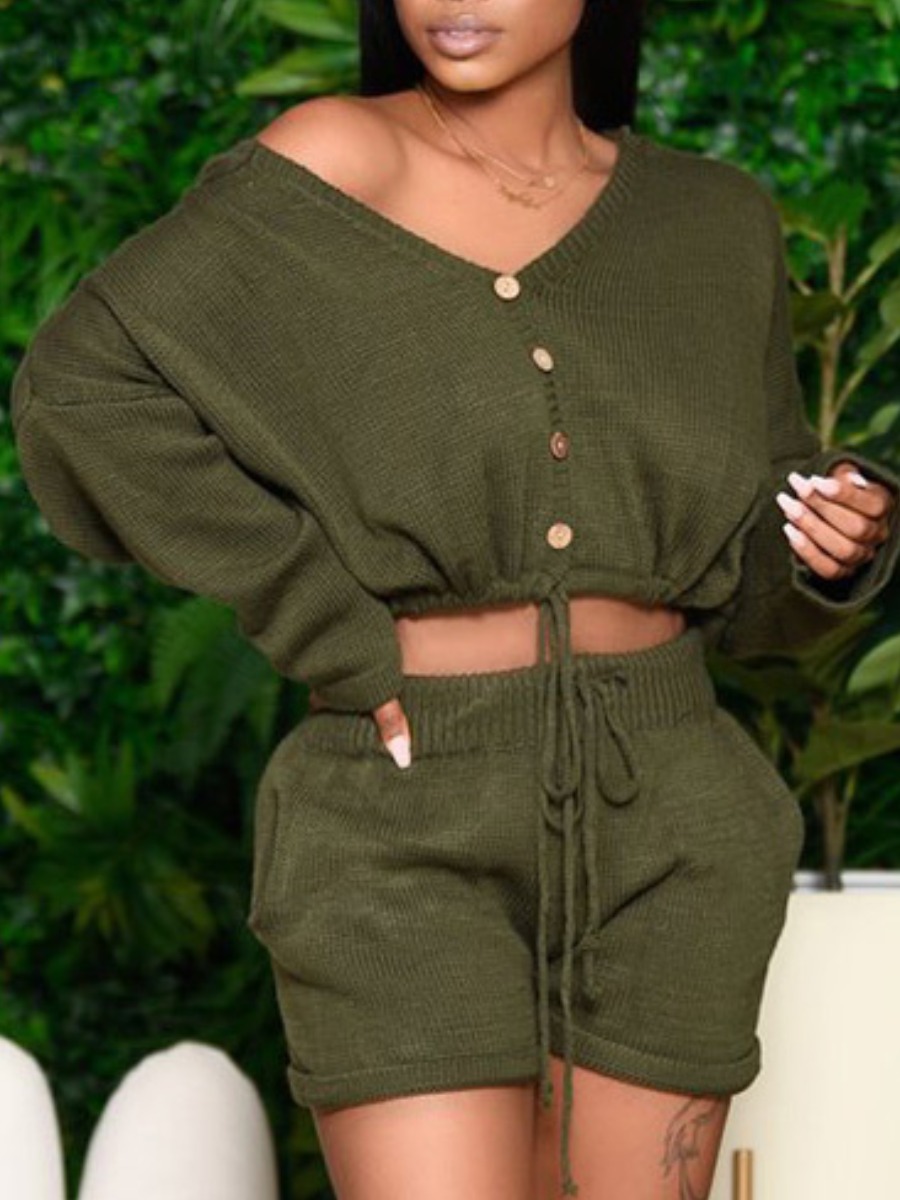 

lovely Trendy V Neck Buttons Design Green Two Piece Shorts Set