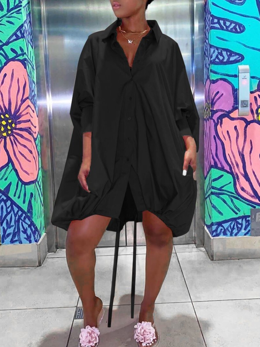 

lovely Casual Turndown Collar Loose Black Knee Length Dress