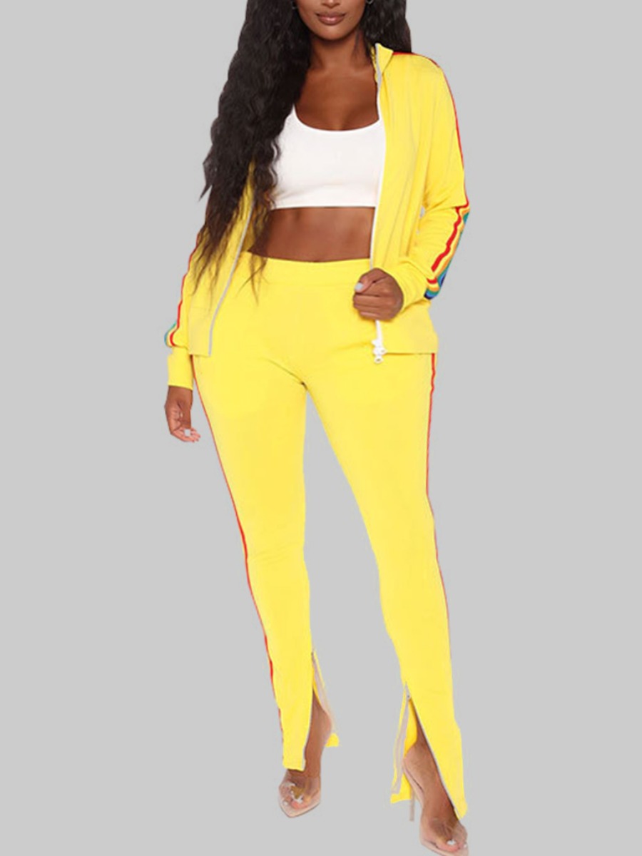 

lovely Sportswear Patchwork Zipper Design Yellow Plus Size Two-piece Pants Set