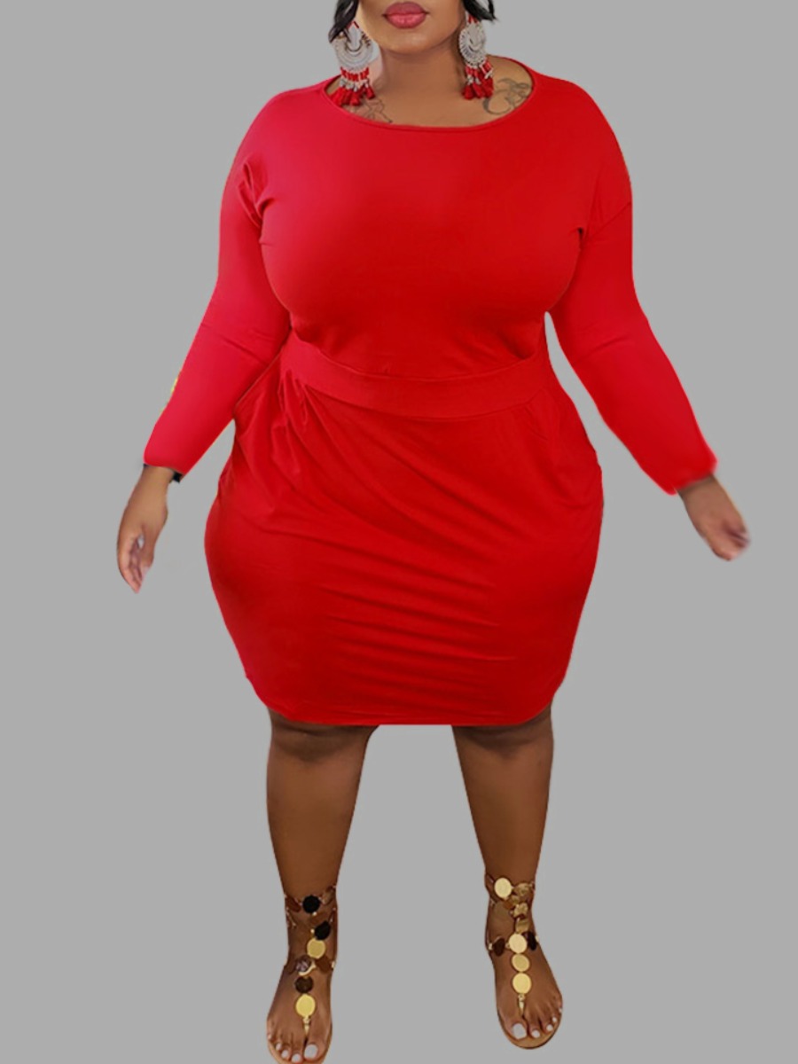 

lovely Casual O Neck Basic Red Knee Length Plus Size Dress