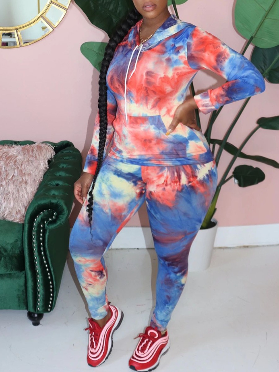 

lovely Casual Hooded Collar Tie-dye Blue Plus Size Two-piece Pants Set