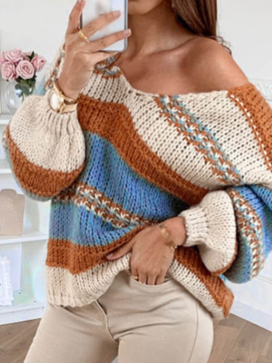 

Lovely Stylish V Neck Striped Jacinth Sweater